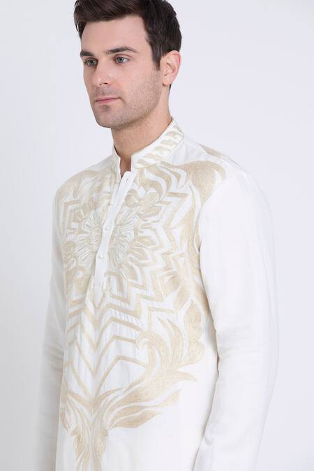 Shop Arun Verma Ivory Linen Embroidery Resham Kurta With Pant Online at Aza Fashions Shop_Arun Verma_Ivory Linen Embroidery Resham Kurta With Pant _Online_at_Aza_Fashions