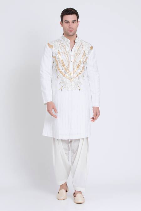 Arun Verma Ivory Linen Embroidery Resham Kurta With Dhoti Pant Online at Aza Fashions Arun Verma_Ivory Linen Embroidery Resham Kurta With Dhoti Pant _Online_at_Aza_Fashions