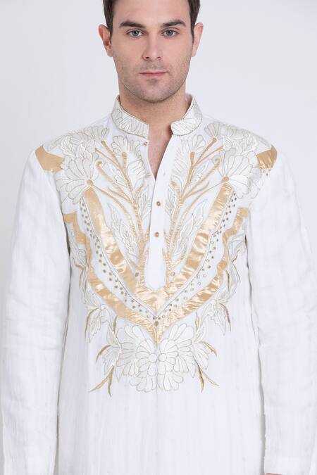 Shop Arun Verma Ivory Linen Embroidery Resham Kurta With Dhoti Pant Online at Aza Fashions Shop_Arun Verma_Ivory Linen Embroidery Resham Kurta With Dhoti Pant _Online_at_Aza_Fashions