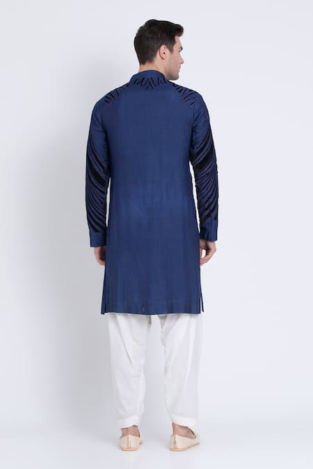 Shop Arun Verma Blue Silk, Cotton Embroidery, Geometric Pattern Resham Kurta With Dhoti Pant at Aza Fashions Shop_Arun Verma_Blue Silk, Cotton Embroidery, Geometric Pattern Resham Kurta With Dhoti Pant _at_Aza_Fashions