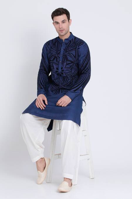 Arun Verma Blue Silk, Cotton Embroidery, Geometric Pattern Resham Kurta With Dhoti Pant Online at Aza Fashions Arun Verma_Blue Silk, Cotton Embroidery, Geometric Pattern Resham Kurta With Dhoti Pant _Online_at_Aza_Fashions