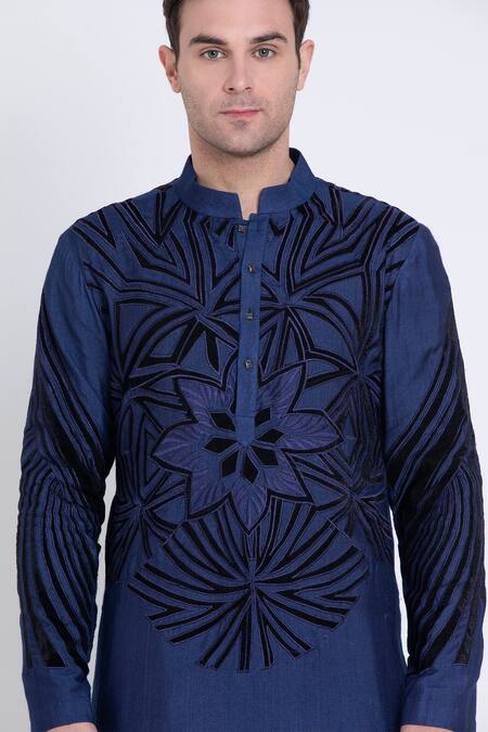 Shop Arun Verma Blue Silk, Cotton Embroidery, Geometric Pattern Resham Kurta With Dhoti Pant Online at Aza Fashions Shop_Arun Verma_Blue Silk, Cotton Embroidery, Geometric Pattern Resham Kurta With Dhoti Pant _Online_at_Aza_Fashions