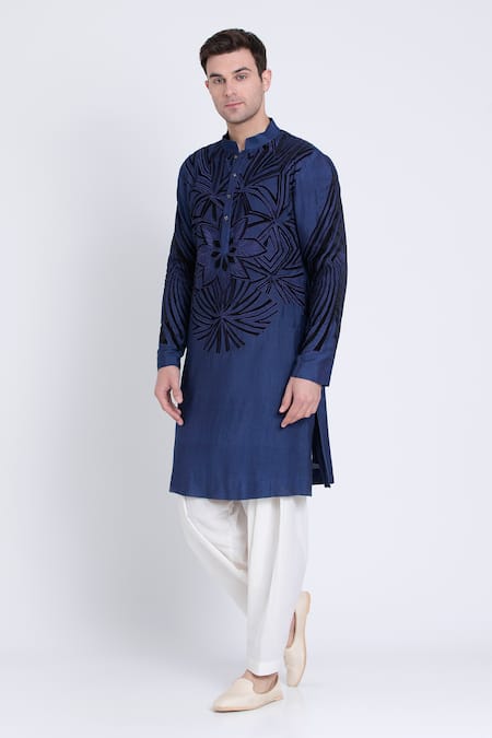 Arun Verma Blue Silk, Cotton Embroidery, Geometric Pattern Resham Kurta With Dhoti Pant at Aza Fashions Arun Verma_Blue Silk, Cotton Embroidery, Geometric Pattern Resham Kurta With Dhoti Pant _at_Aza_Fashions