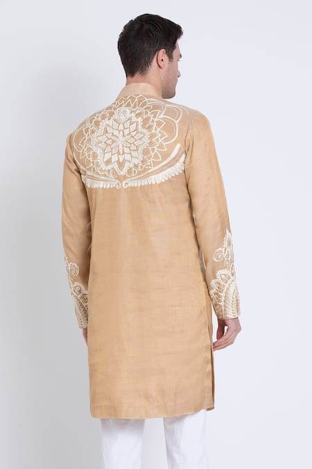 Shop Arun Verma Gold Tissue, Cotton Embroidery Floral Aari Straight Kurta With Pant at Aza Fashions Shop_Arun Verma_Gold Tissue, Cotton Embroidery Floral Aari Straight Kurta With Pant _at_Aza_Fashions