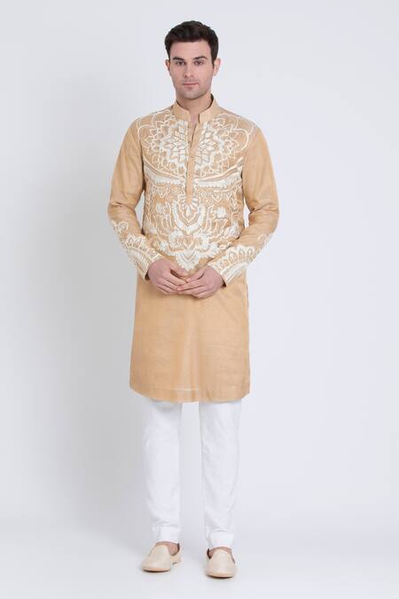 Arun Verma Gold Tissue, Cotton Embroidery Floral Aari Straight Kurta With Pant at Aza Fashions Arun Verma_Gold Tissue, Cotton Embroidery Floral Aari Straight Kurta With Pant _at_Aza_Fashions