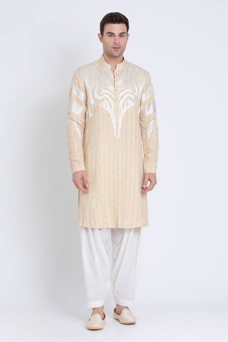 Arun Verma Beige Linen Embroidery Geometric Pattern Kurta With Pant Online at Aza Fashions Arun Verma_Beige Linen Embroidery Geometric Pattern Kurta With Pant _Online_at_Aza_Fashions