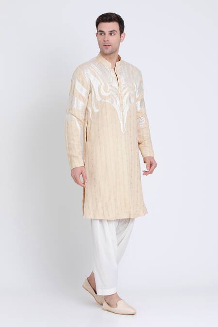 Buy Arun Verma Beige Linen Embroidery Geometric Pattern Kurta With Pant Online at Aza Fashions Buy_Arun Verma_Beige Linen Embroidery Geometric Pattern Kurta With Pant _Online_at_Aza_Fashions