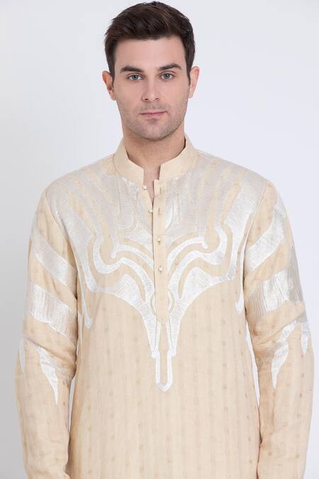 Arun Verma Beige Linen Embroidery Geometric Pattern Kurta With Pant at Aza Fashions Arun Verma_Beige Linen Embroidery Geometric Pattern Kurta With Pant _at_Aza_Fashions