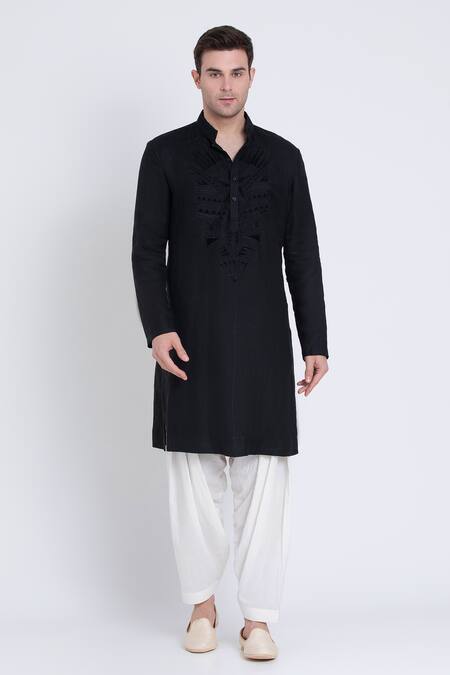 Arun Verma Black Linen Embroidery Resham Neck Kurta With Pant Online at Aza Fashions Arun Verma_Black Linen Embroidery Resham Neck Kurta With Pant _Online_at_Aza_Fashions