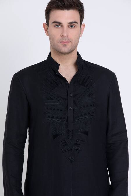 Shop Arun Verma Black Linen Embroidery Resham Neck Kurta With Pant Online at Aza Fashions Shop_Arun Verma_Black Linen Embroidery Resham Neck Kurta With Pant _Online_at_Aza_Fashions
