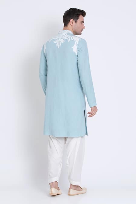 Shop Arun Verma Blue Linen Embroidery Patch Work Embellished Straight Kurta With Pant at Aza Fashions Shop_Arun Verma_Blue Linen Embroidery Patch Work Embellished Straight Kurta With Pant _at_Aza_Fashions