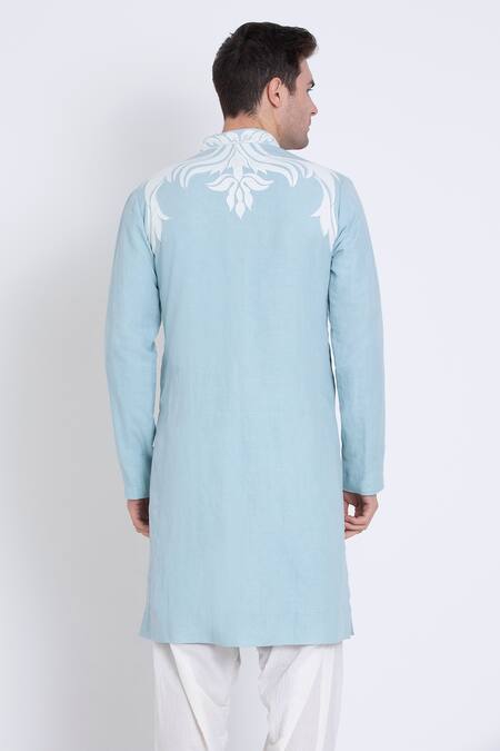 Arun Verma Blue Linen Embroidery Patch Work Embellished Straight Kurta With Pant Online at Aza Fashions Arun Verma_Blue Linen Embroidery Patch Work Embellished Straight Kurta With Pant _Online_at_Aza_Fashions