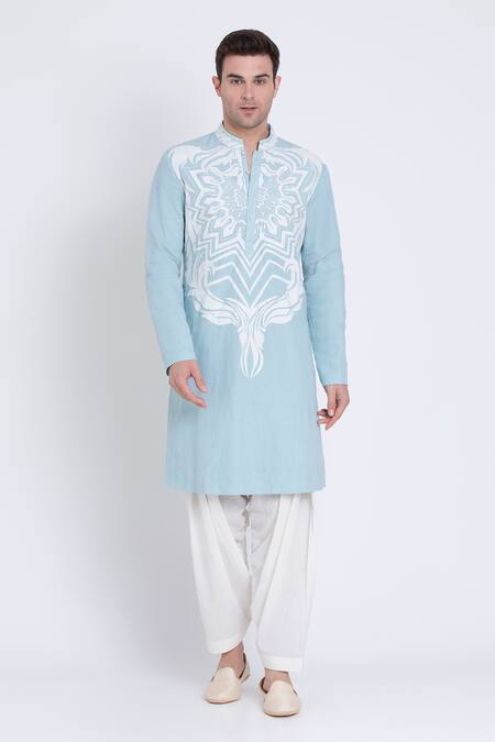 Buy Arun Verma Blue Linen Embroidery Patch Work Embellished Straight Kurta With Pant Online at Aza Fashions Buy_Arun Verma_Blue Linen Embroidery Patch Work Embellished Straight Kurta With Pant _Online_at_Aza_Fashions