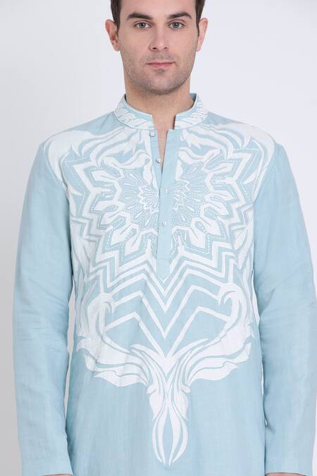 Shop Arun Verma Blue Linen Embroidery Patch Work Embellished Straight Kurta With Pant Online at Aza Fashions Shop_Arun Verma_Blue Linen Embroidery Patch Work Embellished Straight Kurta With Pant _Online_at_Aza_Fashions