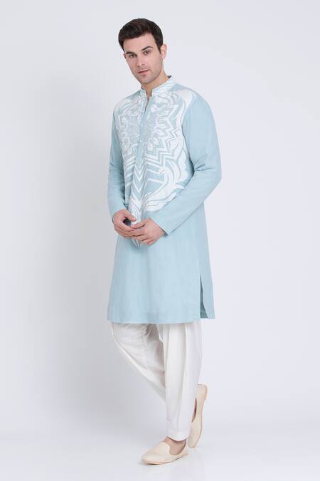 Arun Verma Blue Linen Embroidery Patch Work Embellished Straight Kurta With Pant at Aza Fashions Arun Verma_Blue Linen Embroidery Patch Work Embellished Straight Kurta With Pant _at_Aza_Fashions