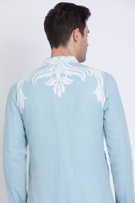 Buy Arun Verma Blue Linen Embroidery Patch Work Embellished Straight Kurta With Pant Buy_Arun Verma_Blue Linen Embroidery Patch Work Embellished Straight Kurta With Pant