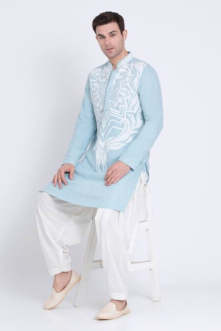 Shop Arun Verma Blue Linen Embroidery Patch Work Embellished Straight Kurta With Pant Shop_Arun Verma_Blue Linen Embroidery Patch Work Embellished Straight Kurta With Pant