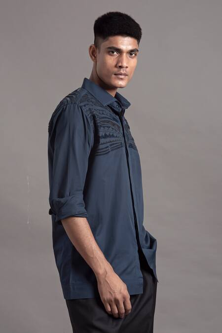 Arun Verma_Blue Cotton Applique Geometric Embellished Shirt _Online_at_Aza_Fashions
