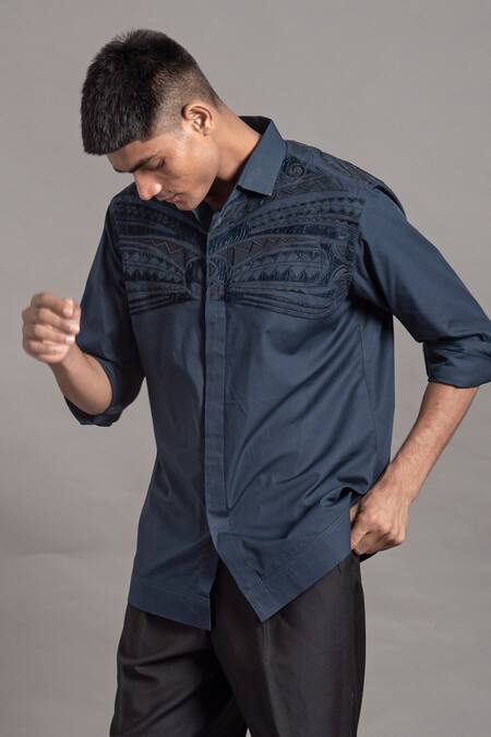 Buy_Arun Verma_Blue Cotton Applique Geometric Embellished Shirt _Online_at_Aza_Fashions