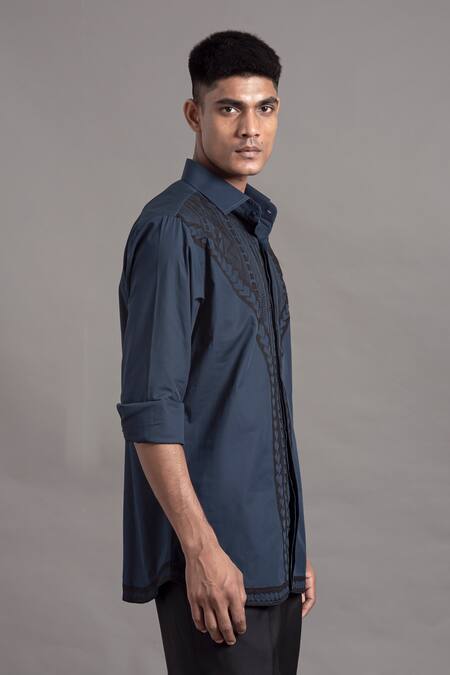 Arun Verma_Blue Cotton Applique Embellished Shirt _Online_at_Aza_Fashions