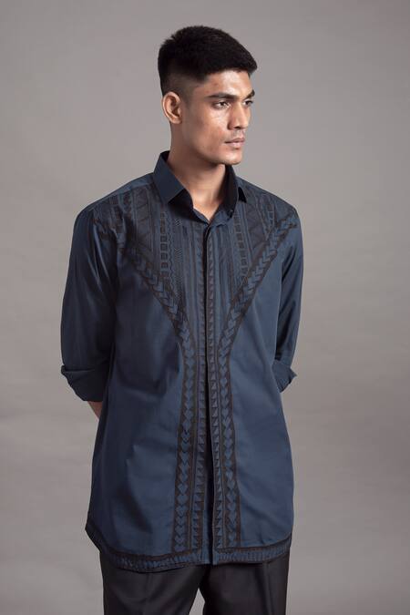 Buy_Arun Verma_Blue Cotton Applique Embellished Shirt _Online_at_Aza_Fashions