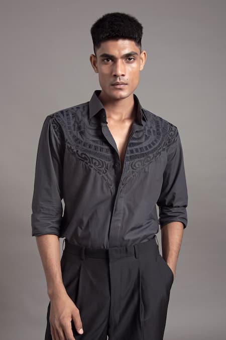 Shop Arun Verma Grey Cotton Applique Velvet Collared Shirt at Aza Fashions Shop_Arun Verma_Grey Cotton Applique Velvet Collared Shirt _at_Aza_Fashions