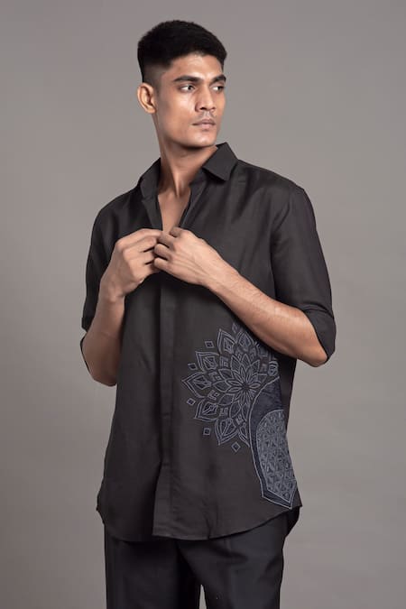 Shop Arun Verma Black Linen Embroidery, Applique Mandal Pattern Shirt at Aza Fashions Shop_Arun Verma_Black Linen Embroidery, Applique Mandal Pattern Shirt _at_Aza_Fashions