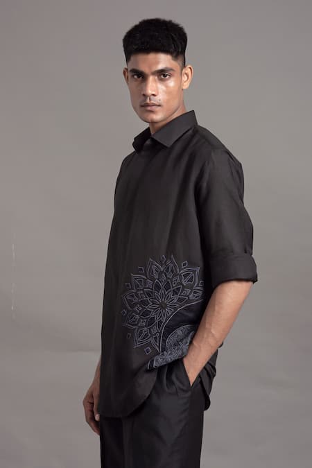 Arun Verma Black Linen Embroidery, Applique Mandal Pattern Shirt Online at Aza Fashions Arun Verma_Black Linen Embroidery, Applique Mandal Pattern Shirt _Online_at_Aza_Fashions