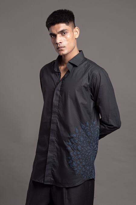 Arun Verma Black Cotton Applique Geometric Embellished Shirt Online at Aza Fashions Arun Verma_Black Cotton Applique Geometric Embellished Shirt _Online_at_Aza_Fashions