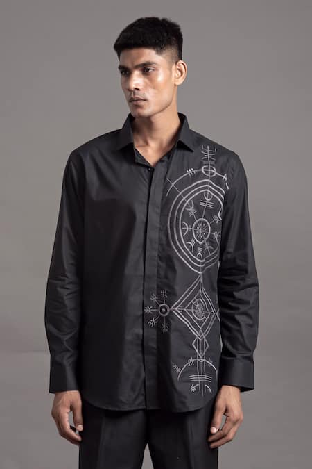 Shop Arun Verma Black Cotton Embroidery Thread Shirt at Aza Fashions Shop_Arun Verma_Black Cotton Embroidery Thread Shirt _at_Aza_Fashions