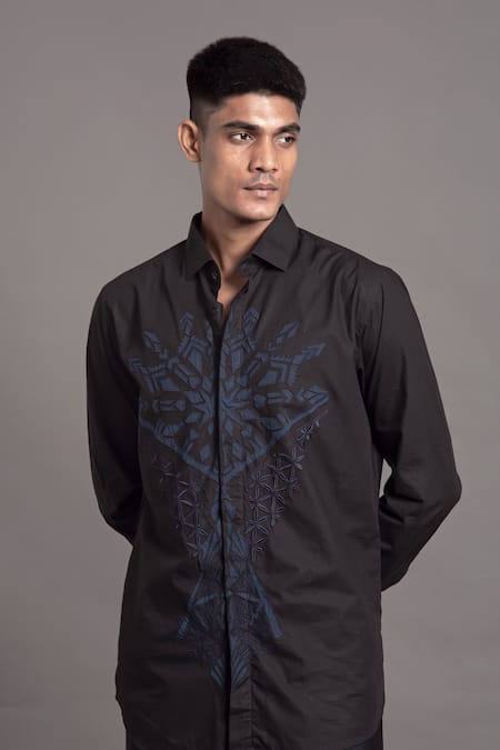 Shop Arun Verma Black Cotton Applique, Embroidery Resham Detailed Shirt at Aza Fashions Shop_Arun Verma_Black Cotton Applique, Embroidery Resham Detailed Shirt _at_Aza_Fashions