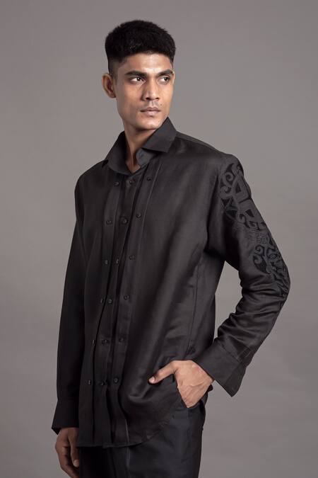 Shop Arun Verma Black Linen Embroidery Motif Shirt at Aza Fashions Shop_Arun Verma_Black Linen Embroidery Motif Shirt _at_Aza_Fashions