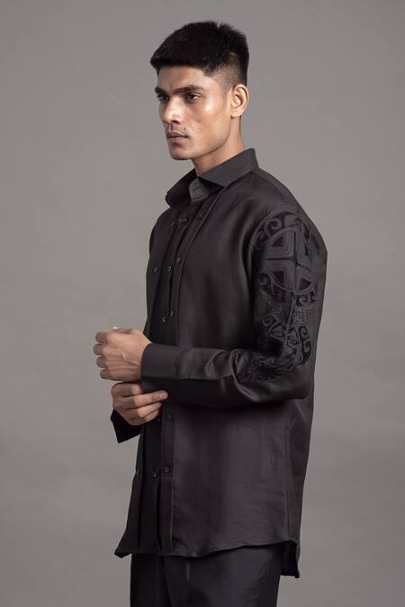 Arun Verma Black Linen Embroidery Motif Shirt Online at Aza Fashions Arun Verma_Black Linen Embroidery Motif Shirt _Online_at_Aza_Fashions