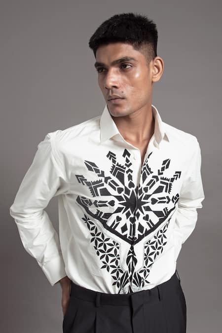 Arun Verma_White Cotton Applique Contrast Embellished Shirt _Online_at_Aza_Fashions