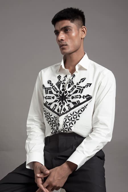 Buy_Arun Verma_White Cotton Applique Contrast Embellished Shirt _Online_at_Aza_Fashions