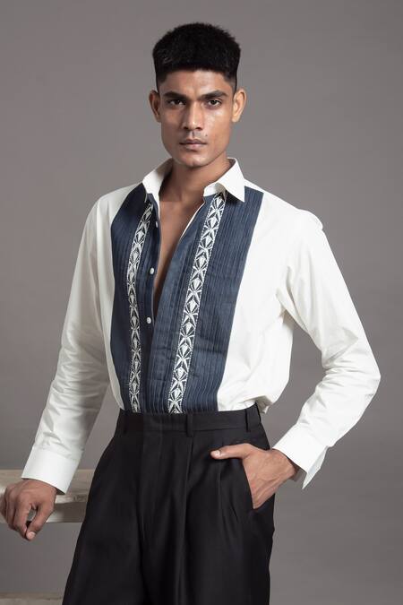 Arun Verma White Cotton Pintuck Detailed Embroidered Shirt Online at Aza Fashions Arun Verma_White Cotton Pintuck Detailed Embroidered Shirt _Online_at_Aza_Fashions