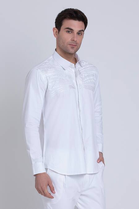 Buy_Arun Verma_White Cotton Satin Embroidery Chevron Shirt _Online_at_Aza_Fashions
