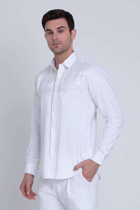 Shop_Arun Verma_White Cotton Satin Embroidery Chevron Shirt _Online_at_Aza_Fashions