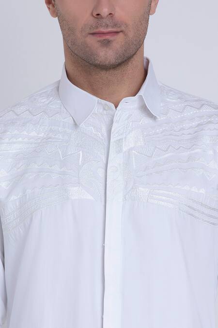 Arun Verma_White Cotton Satin Embroidery Chevron Shirt _at_Aza_Fashions