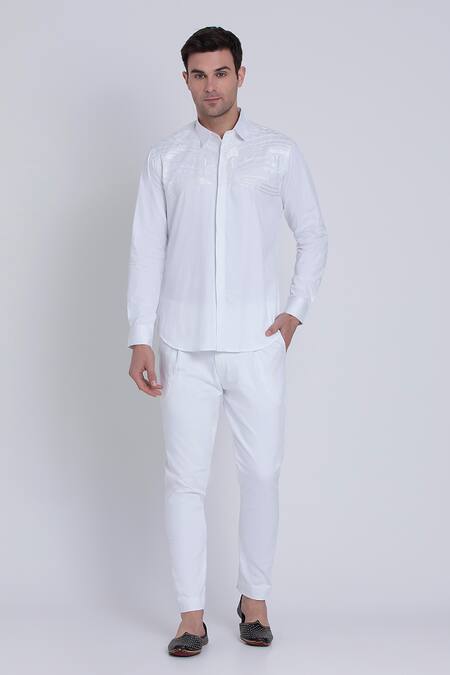Shop_Arun Verma_White Cotton Satin Embroidery Chevron Shirt 