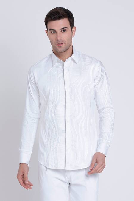 Arun Verma_White Cotton Satin Embroidered Geometric Resham Shirt _Online_at_Aza_Fashions