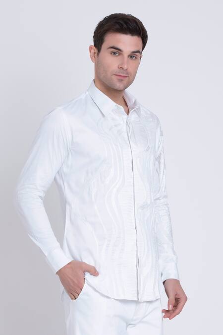 Buy_Arun Verma_White Cotton Satin Embroidered Geometric Resham Shirt _Online_at_Aza_Fashions