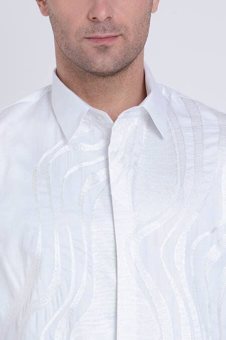 Shop_Arun Verma_White Cotton Satin Embroidered Geometric Resham Shirt _Online_at_Aza_Fashions