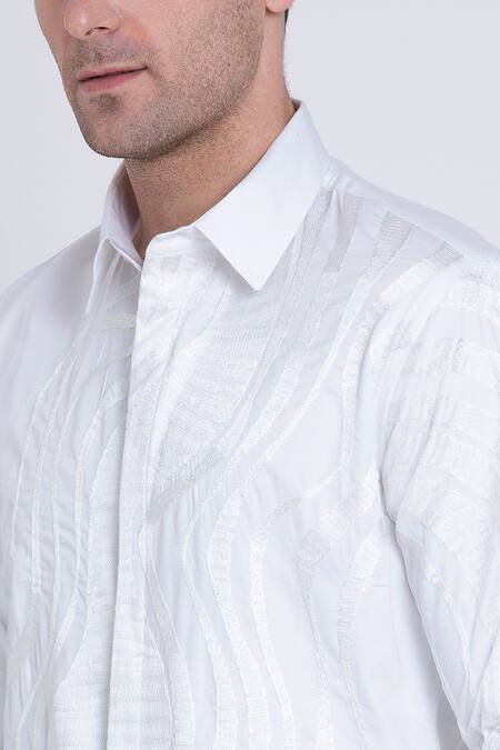 Arun Verma_White Cotton Satin Embroidered Geometric Resham Shirt _at_Aza_Fashions
