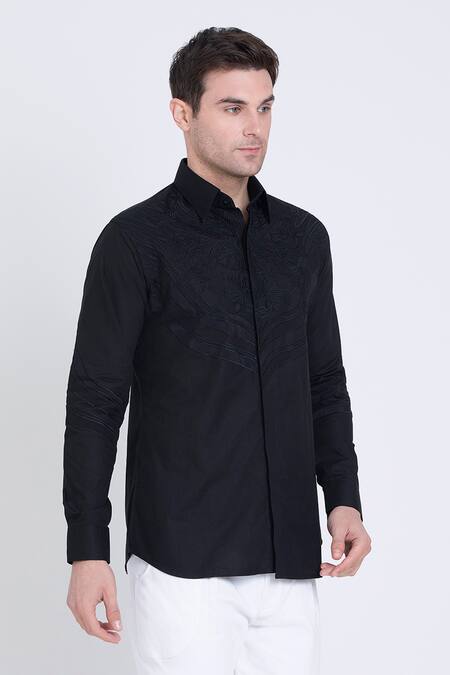 Buy_Arun Verma_Black Cotton Satin Embroidery Geometric Patch Shirt _Online_at_Aza_Fashions