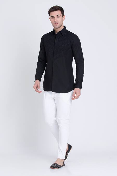 Arun Verma_Black Cotton Satin Embroidery Geometric Patch Shirt _at_Aza_Fashions