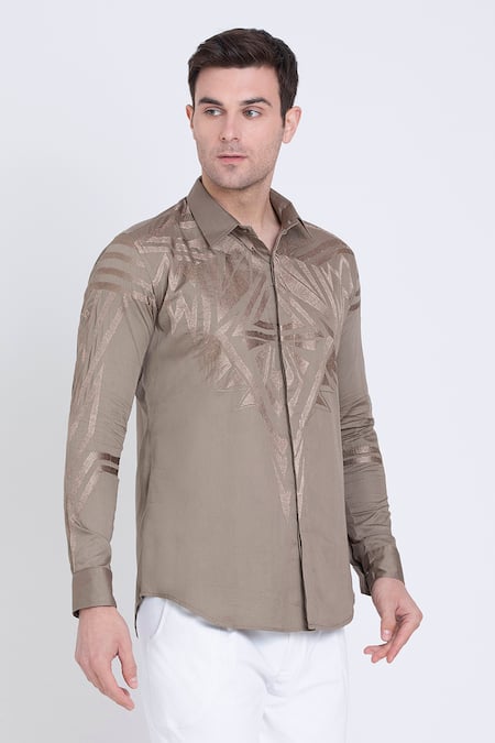 Arun Verma_Pink Cotton Satin Embroidery Geometric Shirt _Online_at_Aza_Fashions