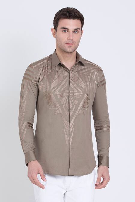 Shop_Arun Verma_Pink Cotton Satin Embroidery Geometric Shirt _Online_at_Aza_Fashions
