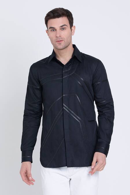 Arun Verma_Black Cotton Satin Embroidery, Patchwork Geometric Work Shirt _Online_at_Aza_Fashions