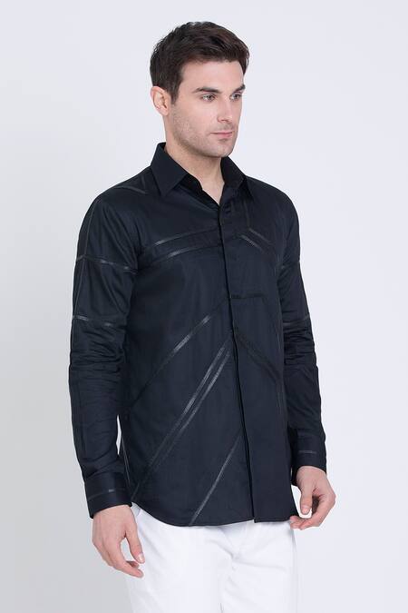 Shop_Arun Verma_Black Cotton Satin Embroidery, Patchwork Geometric Work Shirt _Online_at_Aza_Fashions